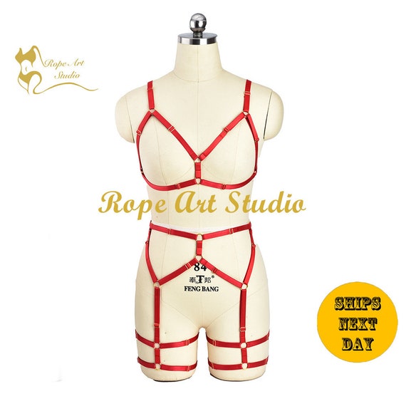 Red/black Sexy Body Harness Set/ Open Crotchless Panties/ Strappy