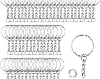 Pack of 10 25 mm key rings with chain, key rings with split rings for key crafts, jewelry making, stainless metal silver