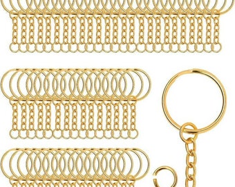 Pack of 10 25 mm key ring with chain key ring with split rings for key crafts, jewelry making, stainless metal gold