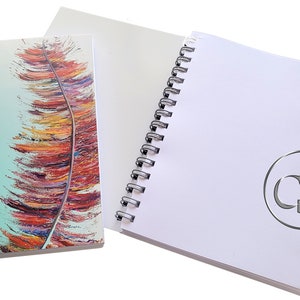 Könnte beinhalten: Ein spiralgebundenes Notizbuch mit einem türkisfarbenen und weißen Einband, der mit einem bunten Federdesign und dem Text "CSMT" verziert ist. Das Notizbuch ist auf einer leeren weißen Seite geöffnet.