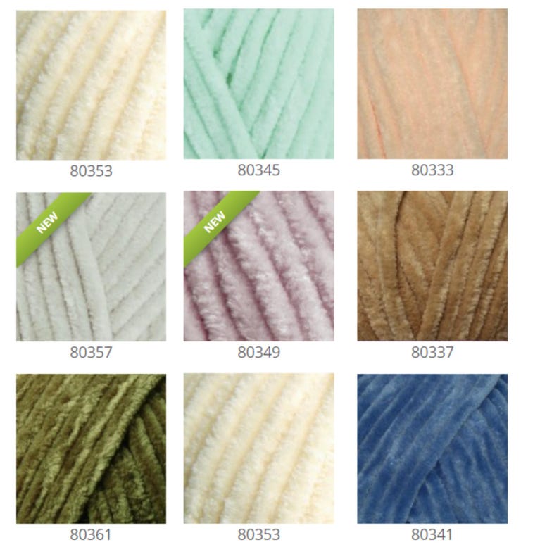 May include: Nine skeins of yarn in various colors, including cream, green, peach, brown, pink, olive green, and blue. The yarn is a soft, fuzzy texture. The skeins are labeled with numbers, including 80353, 80345, 80333, 80357, 80349, 80337, 80361, 80353, and 80341.