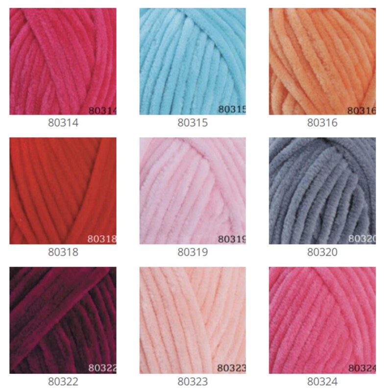 May include: A collection of 10 yarn skeins in various colors, including pink, red, blue, orange, and gray. Each skein is labeled with a number, such as 80314, 80315, 80316, and so on.