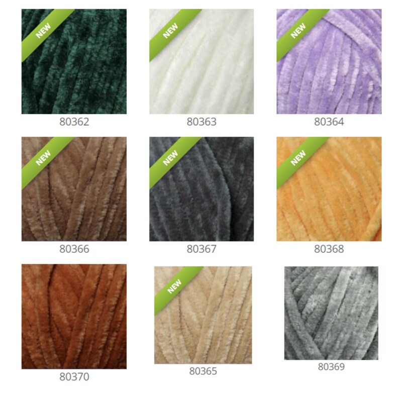 May include: Nine skeins of yarn in various colors, including green, white, purple, brown, gray, orange, rust, beige, and light gray. Each skein has a "NEW" tag attached.