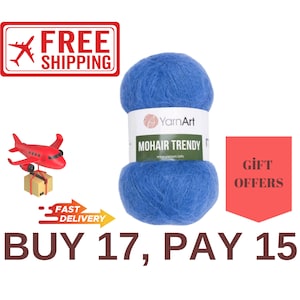 May include: A skein of blue mohair yarn with the label "YarnArt Mohair Trendy" and the website address "www.yarmart.info".