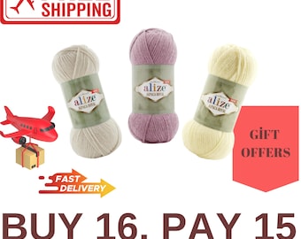 Puede incluir: Tres ovillos de lana en beige, rosa claro y amarillo. Cada ovillo tiene una etiqueta que dice "alize alpaca royal". La imagen incluye el texto "BUY 16, PAY 15".