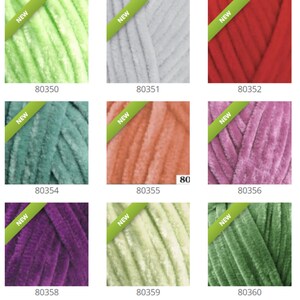 May include: Nine skeins of yarn in various colors, including green, gray, red, pink, and purple. Each skein is labeled with a number, such as 80350, 80351, and 80352.
