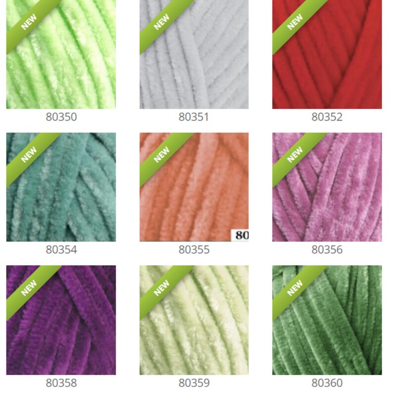 May include: Nine skeins of yarn in various colors, including green, gray, red, pink, and purple. Each skein is labeled with a number, such as 80350, 80351, and 80352.