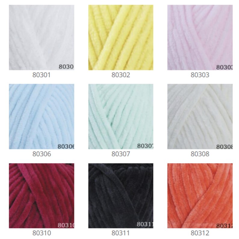 May include: Nine yarn skeins in various colors, including white, yellow, pink, light blue, mint green, gray, red, black, and orange. Each skein has a number printed on it, ranging from 80301 to 80312.