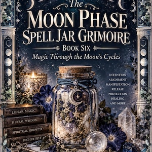 May include: A book cover titled The Moon Phase Spell Jar Grimoire Book Six featuring a glass jar filled with dried flowers and crystals, adorned with a moon and star charm. The scene includes stacked books, a candle, and crystals on a dark background.