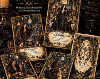 May include: The Hecate Oracle deck features illustrated cards with dark, ornate borders, gold accents, and imagery of a figure, dogs, and moons. Text includes The Hecate Oracle, Keeper of the Crossroads, The Banishing, The Crystal Guardians, and The Final Crossroads.