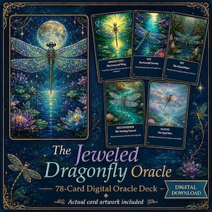 May include: The Jeweled Dragonfly Oracle 78-card digital deck features a large card with a jeweled dragonfly over a moonlit pond and four smaller cards labeled Absolutely, Yes, No, Reconsider, and Maybe, all set against a dark blue background.