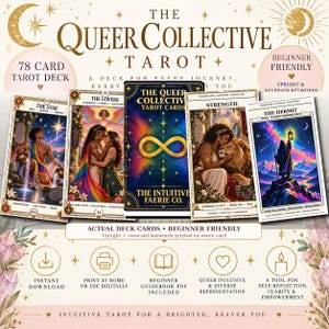 May include: The Queer Collective Tarot deck features 78 cards with colorful illustrations, including The Star, The Lovers, Strength, and The Hermit. The central card displays a gold infinity symbol on a dark, vibrant background with text.