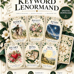 May include: A digital download set of Lenormand cards titled The Beginner's Keyword Lenormand. The cards feature illustrations of a rider, bouquet, stars, heart, ring, and sun, with keywords and playing card symbols. Includes a guidebook and 36 cards.