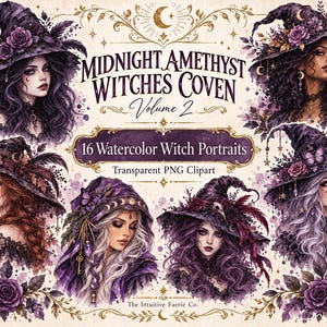 May include: A digital collection titled Midnight Amethyst Witches Coven Volume 2 featuring 16 watercolour witch portraits. The artwork displays diverse figures wearing ornate purple hats adorned with roses, crystals, and moon motifs.