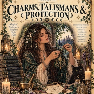 Puede incluir: Una portada de libro titulada The Wanderer's Guide Volume IV Charms, Talismans & Protection con una persona de cabello largo y ondulado sosteniendo una bolsa verde con una llave dorada, un gato negro, libros, velas y cristales en un bosque.