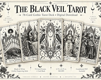 May include: The Black Veil Tarot 78-card deck digital download features black and white gothic engraving style illustrations. Cards include Ten of Swords, The Empress, Justice, and King of Pentacles. Each card measures 2.75 by 4.75 inches at 300 DPI.