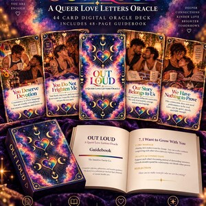 May include: A digital oracle deck titled Out Loud: A Queer Love Letters Oracle, featuring 44 cards with colorful cosmic illustrations, hearts, and moons, alongside a 48-page guidebook. The set includes text-based affirmations and romantic imagery.