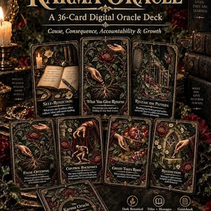 May include: A 36-card digital oracle deck titled Karma Oracle featuring dark botanical artwork. Each card displays a unique illustration, title, and message. The set includes cards like Self-Reflection, What You Give Returns, and Release the Pattern.
