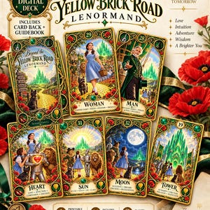 May include: A 36-card digital Lenormand deck titled Beyond the Yellow Brick Road. The set includes a guidebook and features cards with illustrations of characters and scenes from the Wizard of Oz, framed in ornate gold borders with red poppies.
