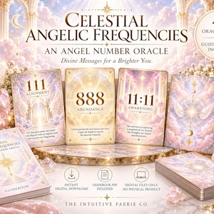 May include: A Celestial Angelic Frequencies oracle card deck featuring 44 cards and a guidebook. The cards display angel numbers like 111, 888, and 11:11 with ethereal, pastel-colored illustrations of clouds, light, and wings on a marble surface.