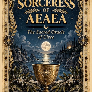 May include: A book cover titled The Sorceress of Aeaea: The Sacred Oracle of Circe, featuring a golden chalice on a stone pedestal, a full moon over a dark sea, and olive branches, framed by a decorative gold border with geometric patterns.