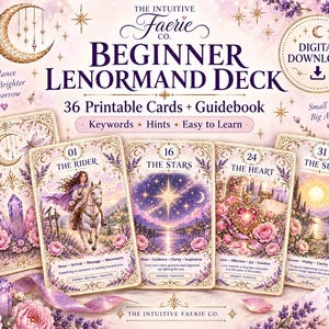 May include: A digital download of a 36-card Lenormand deck featuring lavender and gold floral borders. The cards display illustrations of a rider, stars, a heart, and the sun, with text including 'The Rider', 'The Stars', 'The Heart', and 'The Sun'.