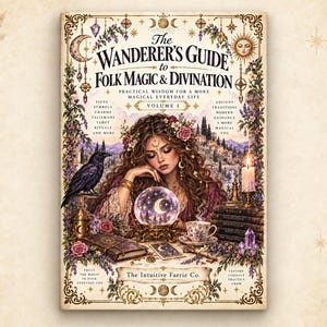Puede incluir: Una portada de libro titulada The Wanderer's Guide to Folk Magic & Divination Volume 1. La ilustración muestra a una persona con cabello largo, una bola de cristal, un cuervo negro, una vela encendida, libros apilados y detalles florales.