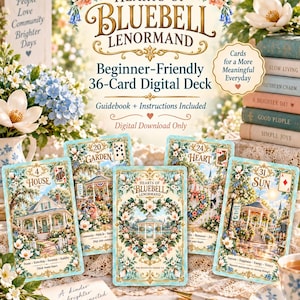 May include: Hearts of Bluebell Lenormand digital deck featuring 36 cards with floral and garden imagery. The set includes a guidebook and instructions. Text on the cards includes House, Garden, Heart, and Sun, with The Intuitive Faerie Co. branding.