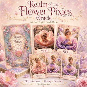 May include: A 56-card digital oracle deck titled Realm of the Flower Pixies Oracle. The set includes a box and cards featuring illustrations of small fairies sitting in flowers, with text labels including Yes, No, Maybe, Trust Your Intuition, and Expect a Surprise.