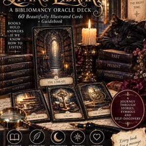 May include: The Living Library bibliomancy oracle deck featuring 60 illustrated cards and a guidebook. The set includes cards titled The Library, The Open Book, The Key, and The Guidance, alongside a magnifying glass, a fountain pen, and a black cat.