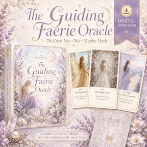 Peut inclure: Le jeu de 78 cartes The Guiding Faerie Oracle comprend une boîte et trois cartes illustrées de fées. Les cartes sont marquées Yes, No et Maybe avec du texte descriptif. Le design inclut des accents floraux lavande, des cristaux et une bannière de téléchargement.