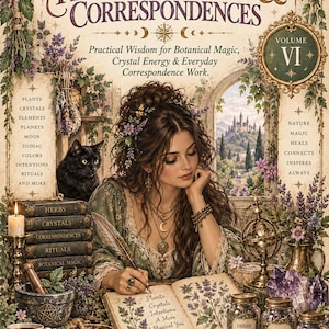 May include: A book titled The Wanderer's Guide to Herbs, Crystals & Correspondences Volume VI. The cover features a person writing in a book, a black cat, jars labelled Dream, Heal, Protect, and Attract, crystals, a mortar and pestle, and plants.