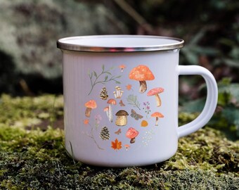 Black Amanita enamel camping mug metal travel mug campfire safe mushrooms and leaves forest design