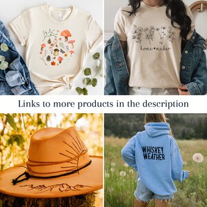 May include: Four different products are shown in this image. The top left image shows a cream colored t-shirt with a watercolor design of mushrooms and leaves. The top right image shows a cream colored t-shirt with a black and white design of flowers and the text "home maker". The bottom left image shows a brown felt hat with a sun and mountain design. The bottom right image shows a light blue hoodie with the text "Whiskey Weather" in black.