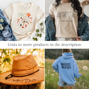 May include: This image shows four different products. The top left image shows a cream coloured t-shirt with a watercolour design of mushrooms and leaves. The top right image shows a cream coloured t-shirt with a black and white design of flowers and the text "home maker". The bottom left image shows a brown felt hat with a sun and mountain design. The bottom right image shows a light blue hoodie with the text "Whiskey Weather" in black.