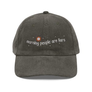 Embroidered Corduroy Hat Morning People are Liars, Friendly Sarcasm-Friends, Weird Core Funny Unhinged Hat image 7