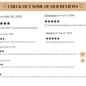 May include: A tan graphic with the text "CHECK OUT SOME OF OUR REVIEWS" and customer reviews. The reviews include star ratings and comments about shirts and mugs. Decorative star shapes are in the lower right corner.