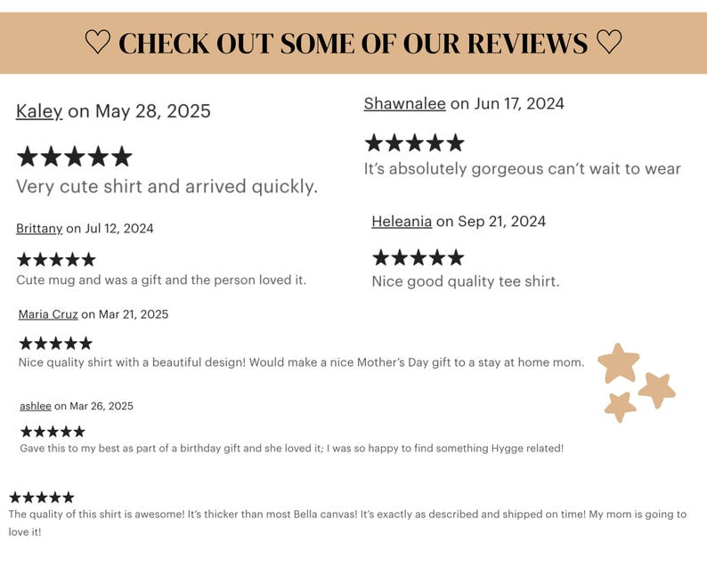 May include: A tan graphic with the text "CHECK OUT SOME OF OUR REVIEWS" and customer reviews. The reviews include star ratings and comments about shirts and mugs. Decorative star shapes are in the lower right corner.