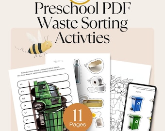 May include: Preschool PDF waste sorting activities with a cartoon bee and the text "Kreator przygód." The image shows printable pages with a green garbage truck, cut-out waste items, and a smartphone displaying recycling bins.