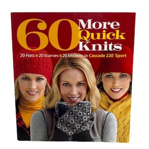 May include: Book cover with the title "60 More Quick Knits" featuring three women wearing knitted hats, scarves, and mittens. The book cover is red with yellow text and a white background.