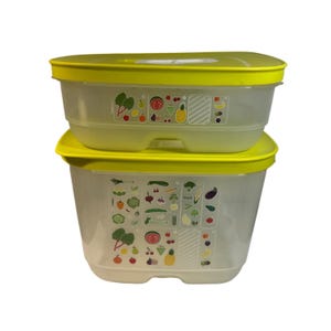 以下が含まれることがあります： 半透明のプラスチック製で、鮮やかなライムグリーンの蓋が付いた、積み重ねられた2つの長方形の食品保存容器。各容器の前面には、パイナップル、ブドウ、ブロッコリーなど、さまざまなカラフルな果物や野菜のグラフィックが印刷されています。