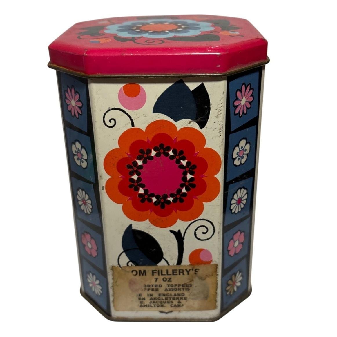 Vintage Tom Fillerys Floral Tin Container Toffees England Multicolor Octagonal