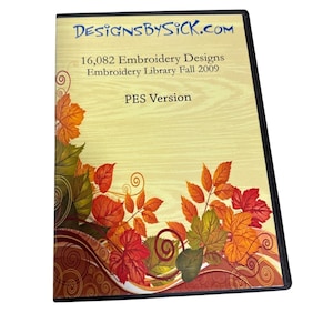 May include: A DVD case with the text "DESIGNSBYSICK.COM" and "16,082 Embroidery Designs Embroidery Library Fall 2009 PES Version." The case features a fall-themed design with orange, red, and green leaves.