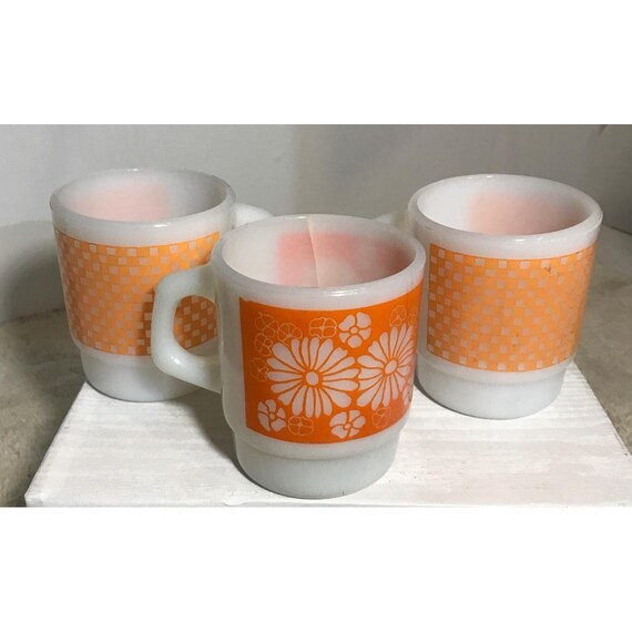 Fire King Mugs MCM Anchor Hocking White Milk Glass Orange Accents