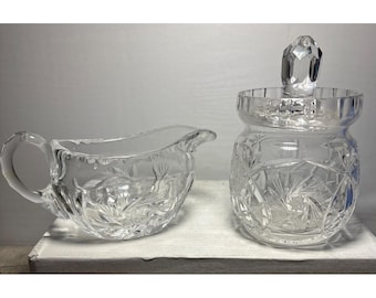Cut Crystal Creamer & Lidded Sugar Dish Pinwheel Starburst Stunning Heavy Vintage