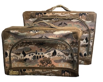 French Luggage Co Tapestry Brown Suede Countryside Unicorn Set of 2 Vintage