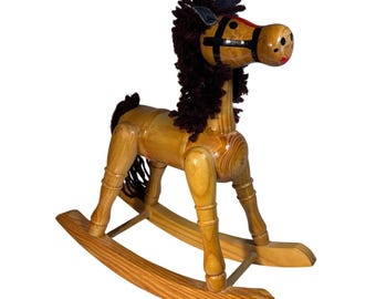 Handcrafted Wooden Rocking Horse Toy With Yarn Mane & Tail Decorative 10"