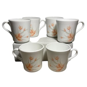 Set Of 6 Corelle Corning USA Peach Floral Coffee Cups