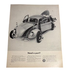 Pubblicità d&#39;epoca Volkswagen. Hai bisogno di un pezzo? Maggiolino e berlina anni &#39;60, 14 x 10&quot;