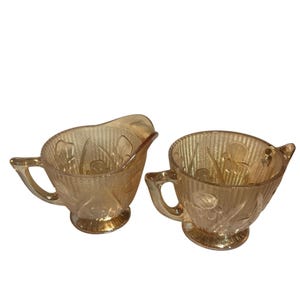 VTG Jeanette Marigold Iridescent Iris Depression Glass Creamer & Sugar Bowl Set